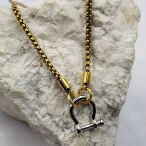 Horseshoe Horsebit Two Tone Pendant Box Chain Necklace